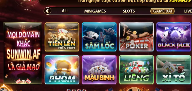 Sảnh game bài đa dạng tại cổng game Sunwin